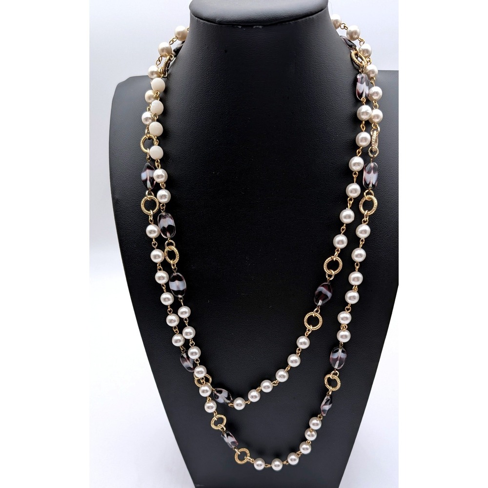 Long Faux Pearl and Marbled Purple Bead Station Necklace Gold Tone 50 Inch